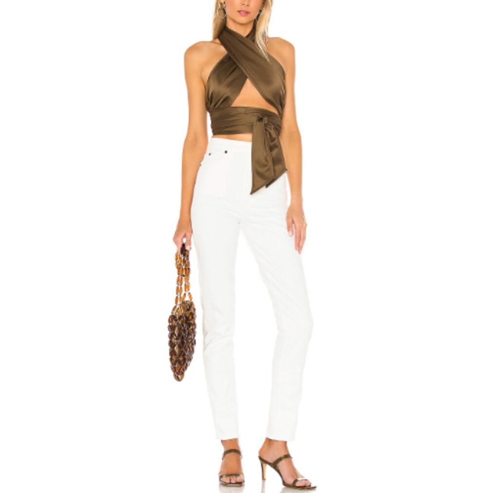 New REVOLVE LPA Women's Taupe Criss Cross Cropped Gathered Wrap 532 Top Size L